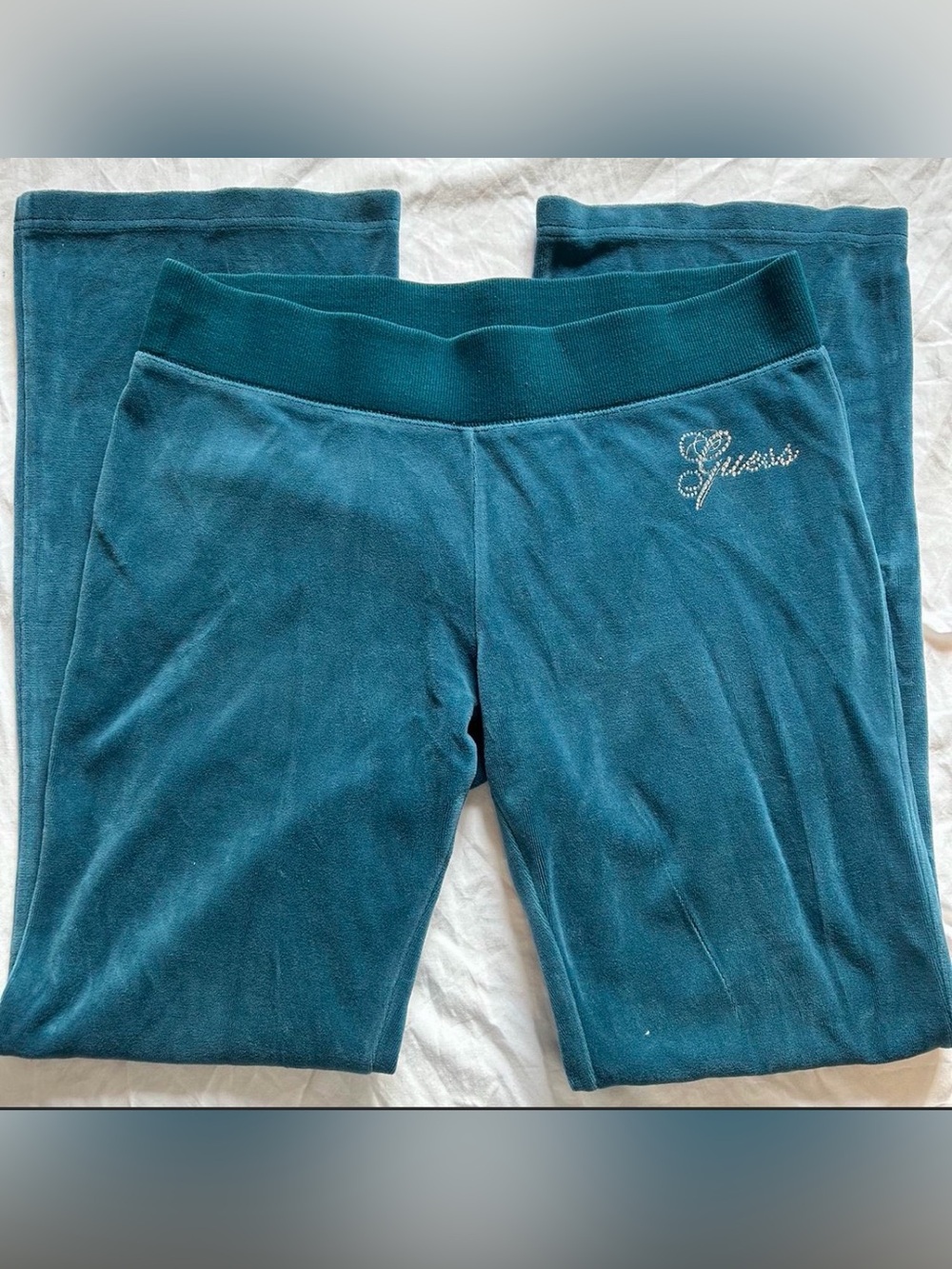 Guess Teal Velour Joggers with Crystal Logo